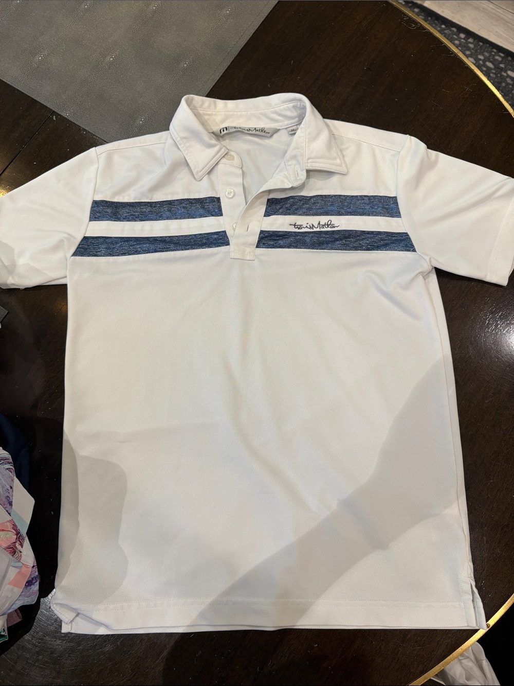 Travis Matthew’s Men's White Polo with Blue Stripes